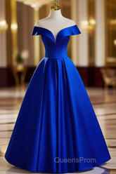 Blue Satin Floor Length Evening Prom Dress, Elegant A-Line Evening Party Dress