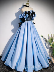 Blue satin lace long Evening Prom Dress blue satin evening Dress
