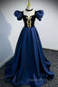 Blue Satin Lace Long Evening Prom Dress, Blue Short Sleeve Evening Party Dress
