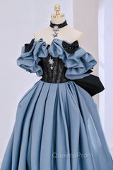 Blue Satin Lace Long Evening Prom Dress, Off Shoulder Evening Party Dress