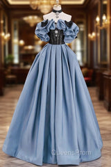 Blue Satin Lace Long Evening Prom Dress, Off Shoulder Evening Party Dress