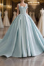 Blue Satin Long A-Line Evening Dress, Blue Evening Prom Evening Dress
