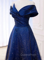 Blue Satin Long A-line Evening Dress Evening Prom Dress, Off Shoulder Blue Evening Dress
