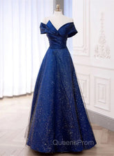 Blue Satin Long A-line Evening Dress Evening Prom Dress, Off Shoulder Blue Evening Dress