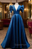 Blue Satin Long A-Line Evening Prom Dress, Elegant Short Sleeve Party Dress
