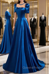 Blue Satin Long A-Line Evening Prom Dress, Simple Blue Short Sleeve Evening Dress