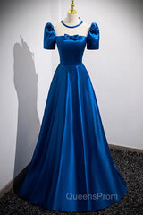 Blue Satin Long A-Line Evening Prom Dress, Simple Blue Short Sleeve Evening Dress