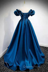 Blue Satin Long Off Shoulder A-Line Evening Prom Dress, Blue Sweetheart Evening Dress