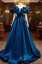 Blue Satin Long Off Shoulder A-Line Evening Prom Dress, Blue Sweetheart Evening Dress