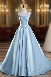 Blue Satin Long Evening Prom Dress, A-Line Spaghetti Strap Evening Party Dress