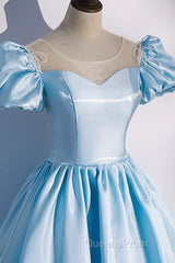 Blue Satin Long Evening Prom Dress, Blue A-Line Scoop Neckline Short Sleeve Evening Dress