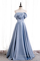 Blue Satin Long Evening Prom Dress with Pearls, Blue A-Line Strapless Party Dress