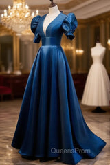 Blue Satin Long Evening Prom Dress with Short Sleeves, Blue Evening Dress