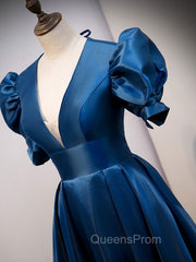 Blue Satin Long Evening Prom Dress with Short Sleeves, Blue Evening Dress