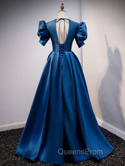 Blue Satin Long Evening Prom Dress with Short Sleeves, Blue Evening Dress