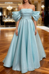 Blue Satin Off Shoulder Long Party Dress, A-line Blue Evening Prom Dress