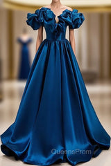 Blue Satin Off the Shoulder Evening Prom Dress