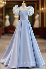 Blue Satin Puf Sleeve Bow Evening Prom Dress