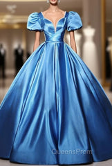Blue Satin Puff Sleeve Pearls Quinceanera Dress