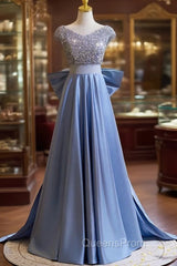 Blue Satin Sequins V-neck Evening Prom Dress