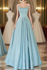 Blue Satin Spaghetti Straps Pearls Evening Prom Dress