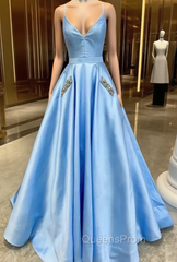 Blue Satin Spaghetti Straps Pocket Beading Evening Prom Dress
