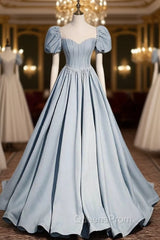Blue Satin Square Puff Sleeve Pearls Evening Prom Dress