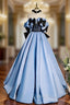 Blue Satin Strapless Bow Evening Prom Dress