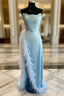 Blue Satin Strapless Pleats Feather Evening Prom Dress
