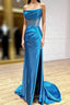 Blue Satin Strapless Pleats Split Evening Prom Dress