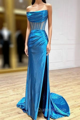 Blue Satin Strapless Pleats Split Evening Prom Dress
