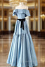Blue Satin Strapless Evening Prom Dress With Belt