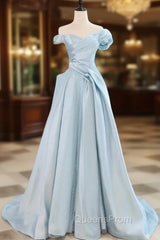 Blue Satin Tulle Off the Shoulder Evening Prom Dress