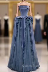 Blue Satin Tulle Sequins Strapless Evening Prom Dress