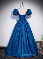 Blue Satin V-Neckline Short Sleeves Long Formal Dress, Blue Satin Evening Prom Dress