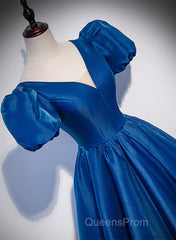 Blue Satin V-Neckline Short Sleeves Long Formal Dress, Blue Satin Evening Prom Dress