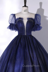 Blue Scoop Neckline Tulle Long Evening Prom Dress, A-Line Short Sleeve Evening Gown