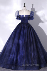 Blue Scoop Neckline Tulle Long Evening Prom Dress, A-Line Short Sleeve Evening Gown