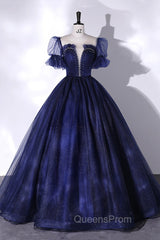 Blue Scoop Neckline Tulle Long Evening Prom Dress, A-Line Short Sleeve Evening Gown