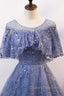 Blue Scoop Neckline Tulle Long Evening Prom Dress, Shiny A-Line Evening Dress