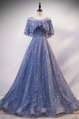 Blue Scoop Neckline Tulle Long Evening Prom Dress, Shiny A-Line Evening Dress