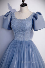 Blue Scoop Tulle Long Evening Prom Dress, A-Line Short Sleeve Evening Dress