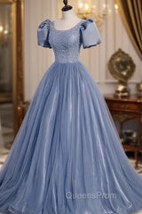 Blue Scoop Tulle Long Evening Prom Dress, A-Line Short Sleeve Evening Dress