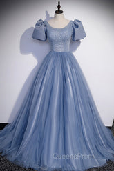Blue Scoop Tulle Long Evening Prom Dress, A-Line Short Sleeve Evening Dress