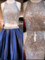 Blue sequin two pieces sparkly off shoulder sexy homecoming Classy Prom Dress