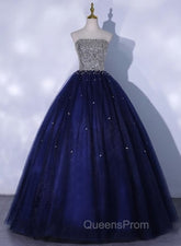 Blue Sequins and Beaded Ball Gown Tulle Lace-up Evening Dress,Blue Evening Dress Party Dress