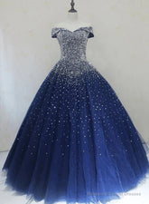 Blue Sequins Ball Gown Off Shoulder Party Dress Blue Sweet 16 Gown prom dresses shops