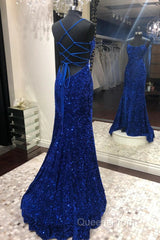 Blue Sequins Long Evening Prom Dress Mermaid Evening Dress
