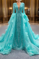 Blue Sequins Long Sleeve Pearls Evening Prom Dress With Detachable Train