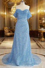 Blue Sequins Off Shoulder Sweep Train Party Dress, Blue Sweetheart Long Formal Dress